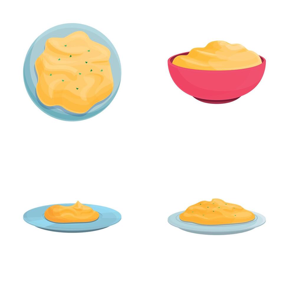 Tasty potato icons set cartoon vector. Fresh mashed potato on bowl vector