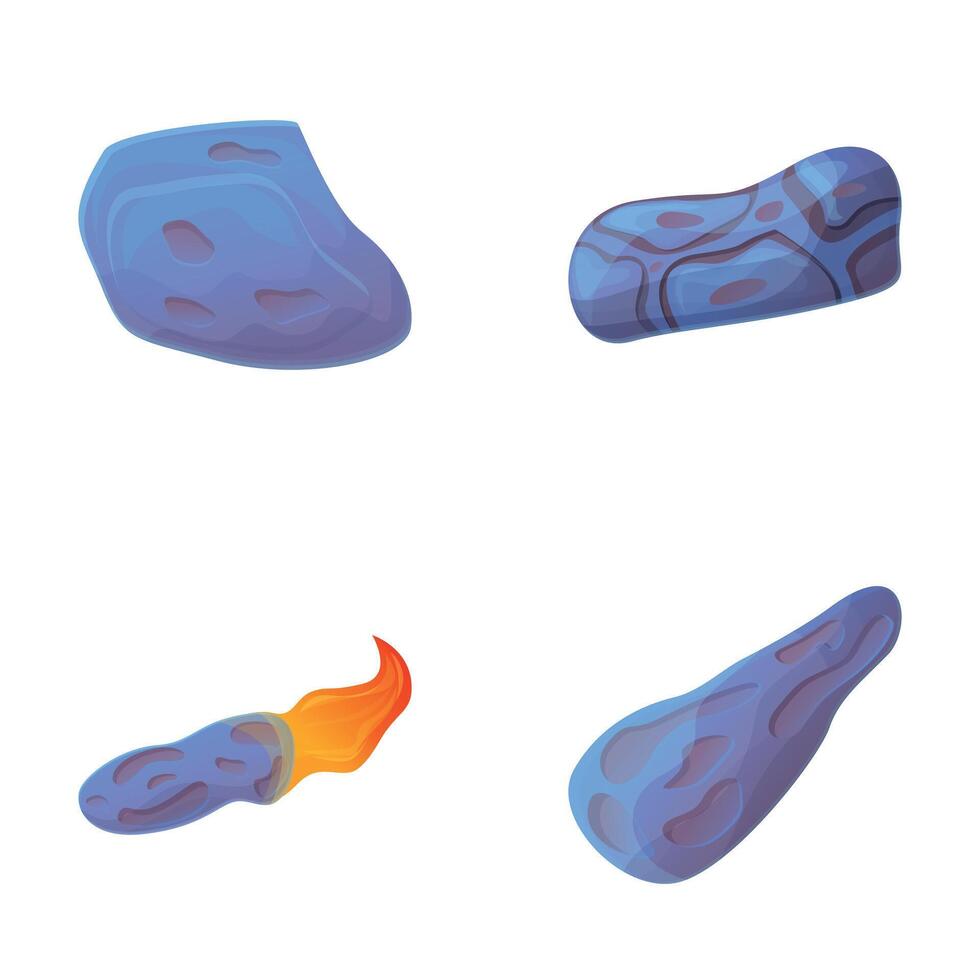 Flying meteorite icons set cartoon vector. Space meteor, comet or asteroid vector