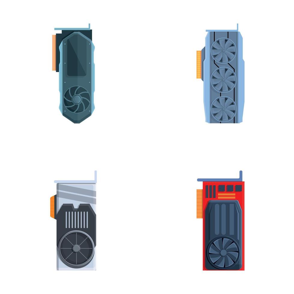 Computer part icons set cartoon vector. Computer graphic card with cooling fan vector
