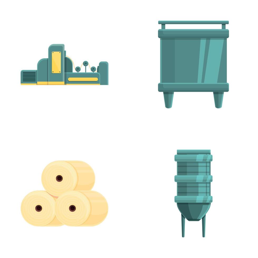 Paper making icons set cartoon vector. Modern equipment for paper production vector