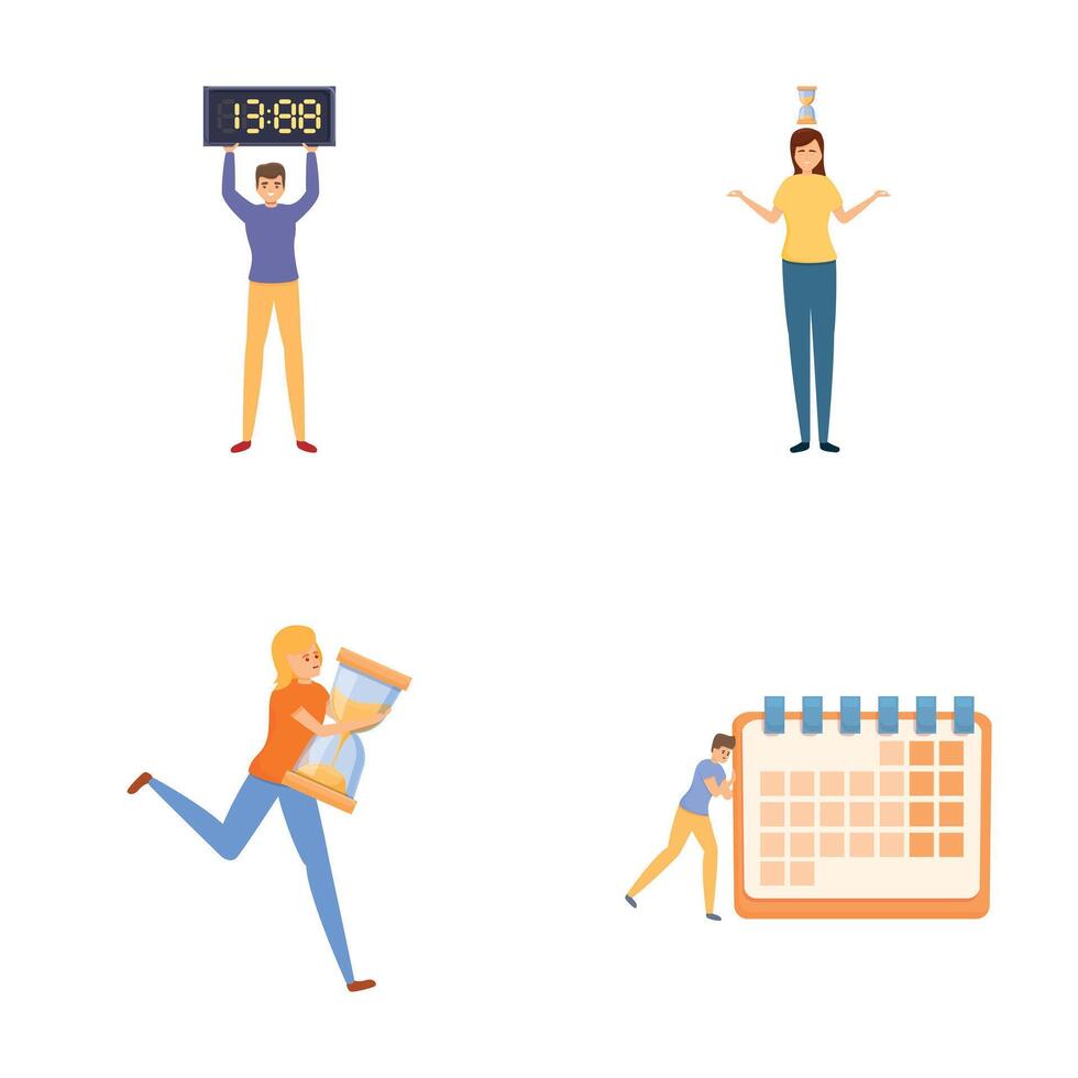 Business time icons set cartoon vector. Working people with clock and calendar vector
