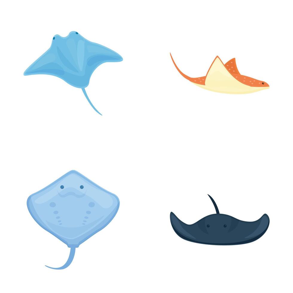 Cute stingray icons set cartoon vector. Cartoon tropical marine stingray fish vector