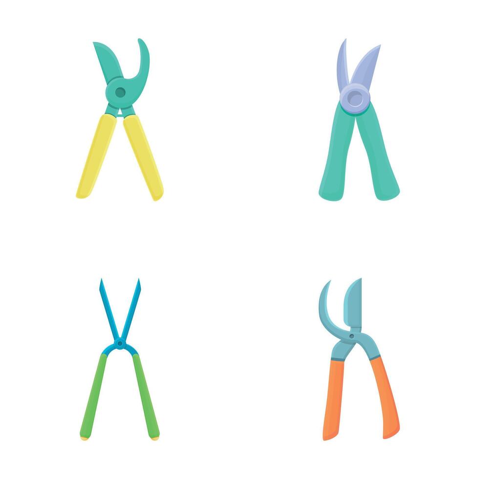 Pruning shears icons set cartoon vector. Various bright garden secateurs vector