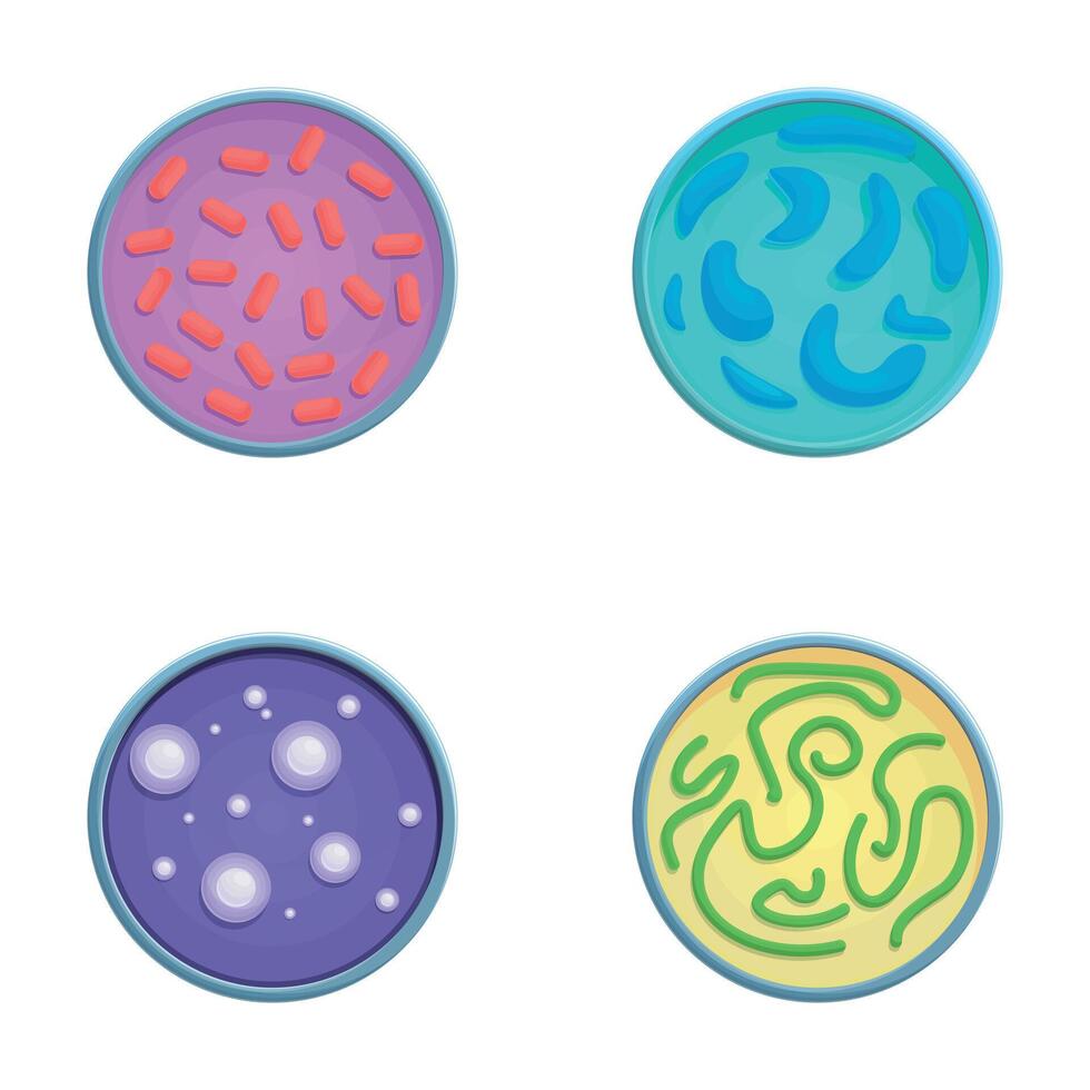 Different microorganism icons set cartoon vector. Bacteria virus and protozoa vector