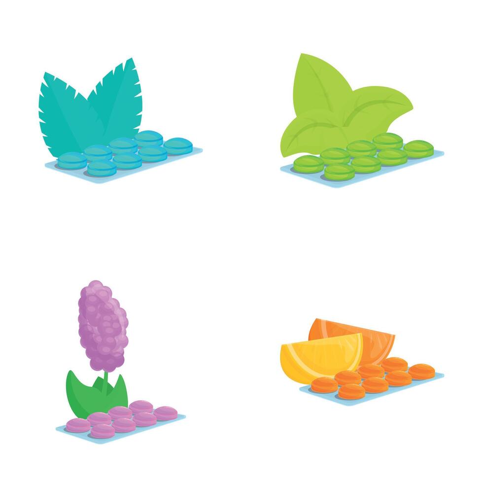 Various lozenge icons set cartoon vector. Package of lozenge with fresh flavor vector