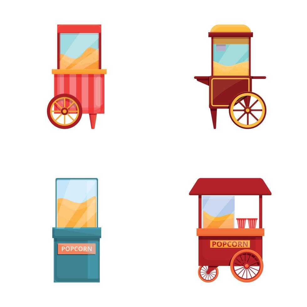 Corn machine icons set cartoon vector. Vintage kiosk in amusement park vector