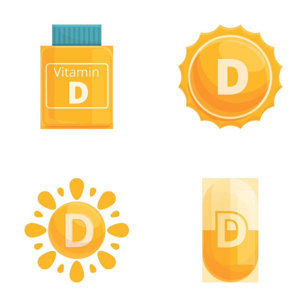 Sunshine vitamin icons set cartoon vector. Shining sun and food supplement vector