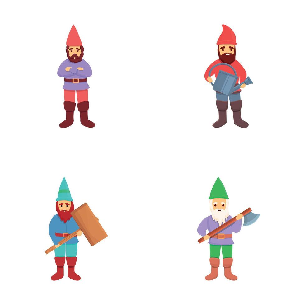 Garden dwarf icons set cartoon vector. Funny garden decoration gnome vector