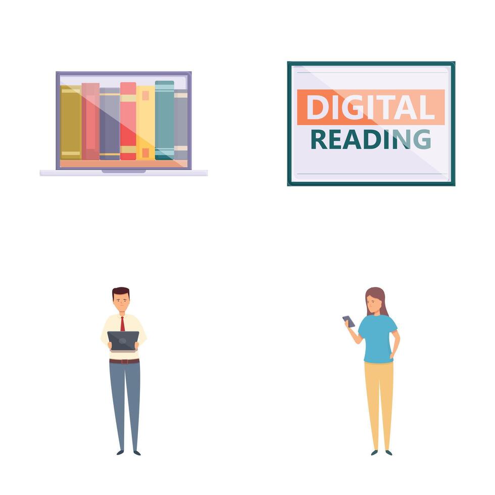 Digital reading icons set cartoon vector. People reading book in online library vector