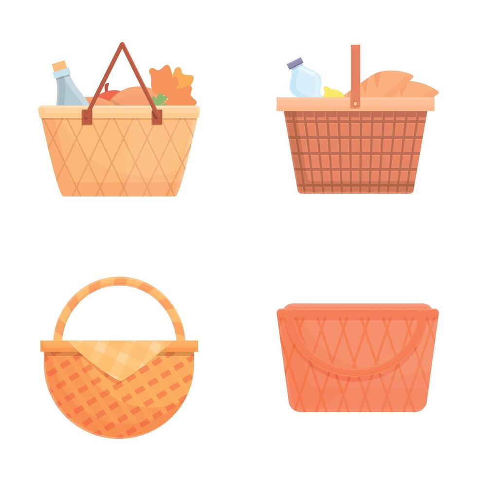 Picnic food icons set cartoon vector. Picnic basket filled with various product vector