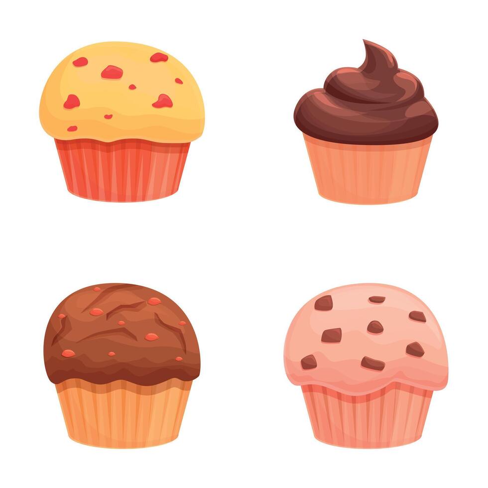 Tasty muffin icons set cartoon vector. Cupcake various flavor and color vector