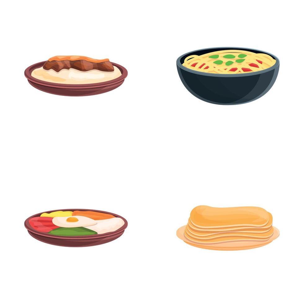 Korean dish icons set cartoon vector. Classic spicy korean cuisine vector
