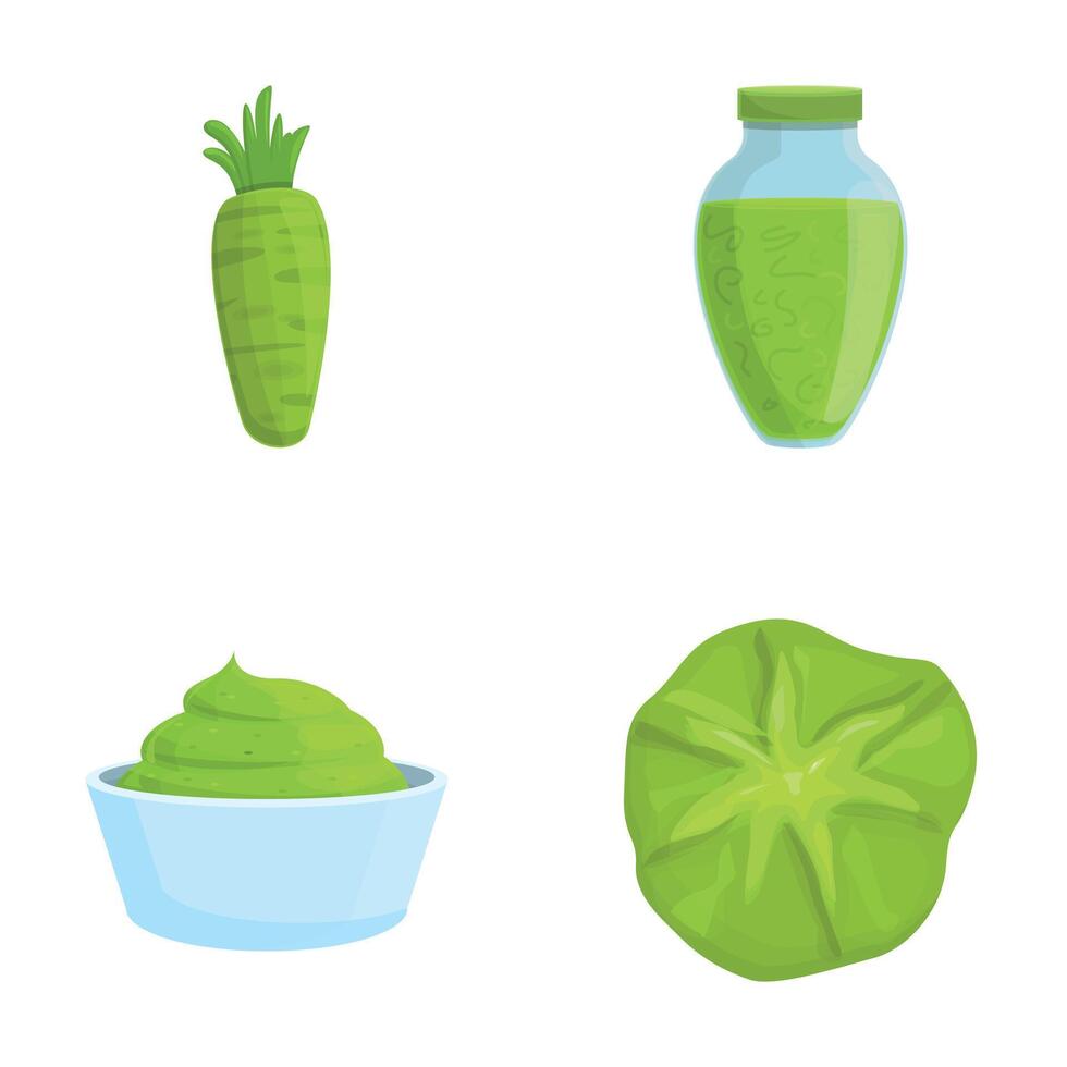 Spicy wasabi icons set cartoon vector. Fresh wasabi in bottle and bowl vector