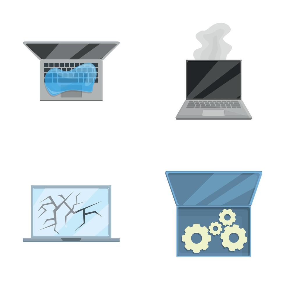 Notebook repair icons set cartoon vector. Various broken personal computer vector