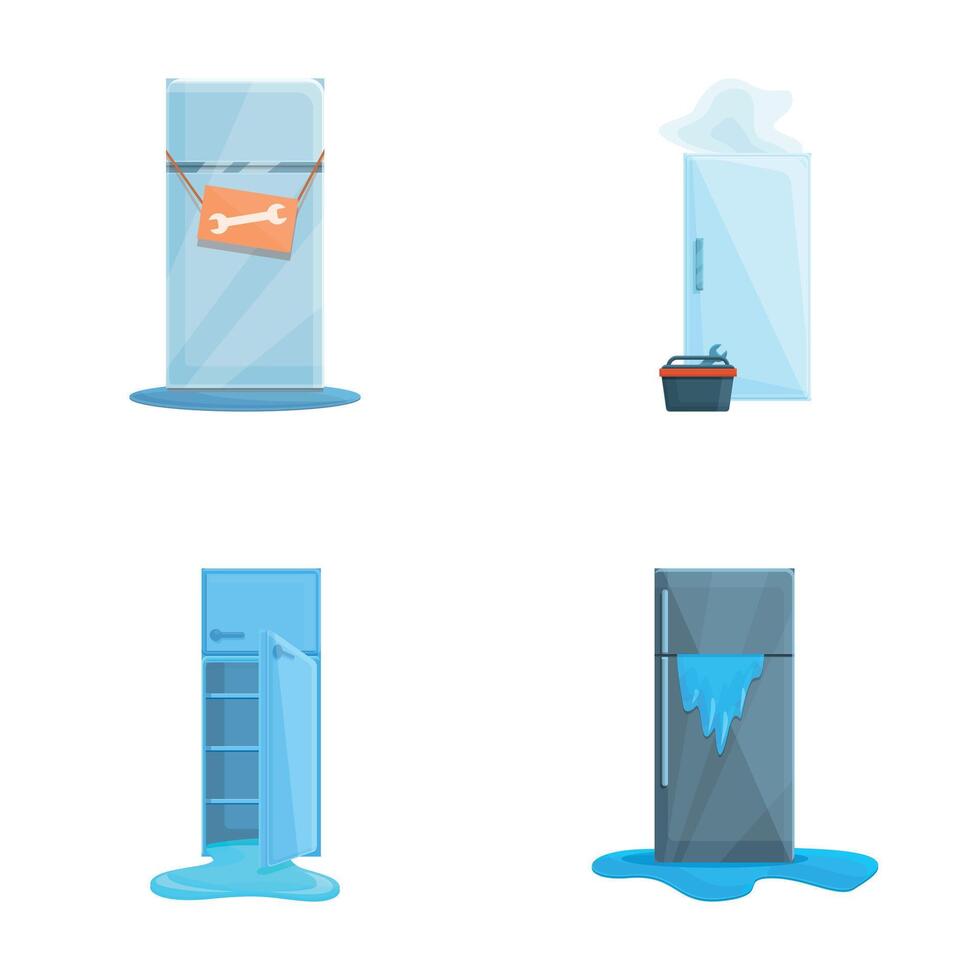 Fridge repair icons set cartoon vector. Various empty broken refrigerator vector