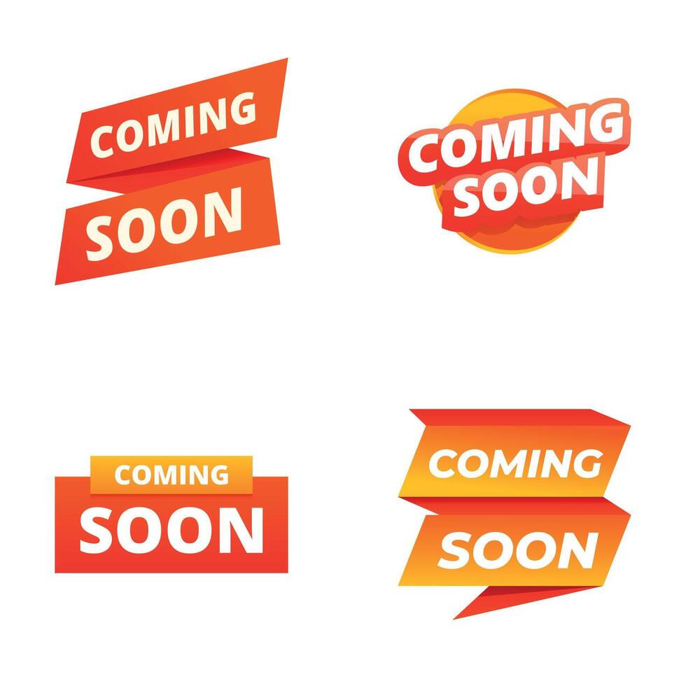 Promotional concept icons set cartoon vector. Red sticker and label coming soon vector