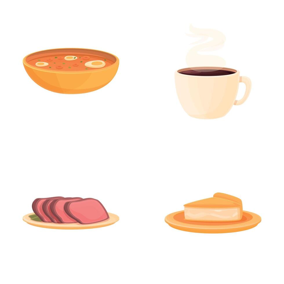 Lunch food icons set cartoon vector. Various dish dessert and drink vector