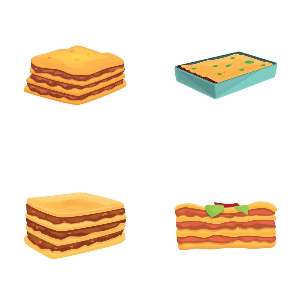 Homemade lasagna icons set cartoon vector. Tasty meat dish vector