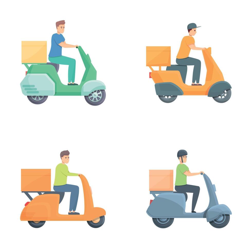 Express delivery icons set cartoon vector. Delivery man riding on scooter vector