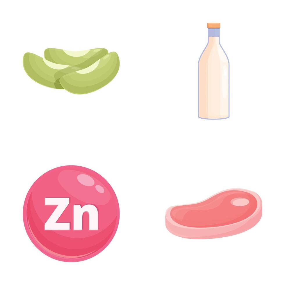 Zinc tablet icons set cartoon vector. Food product with high content of zinc vector