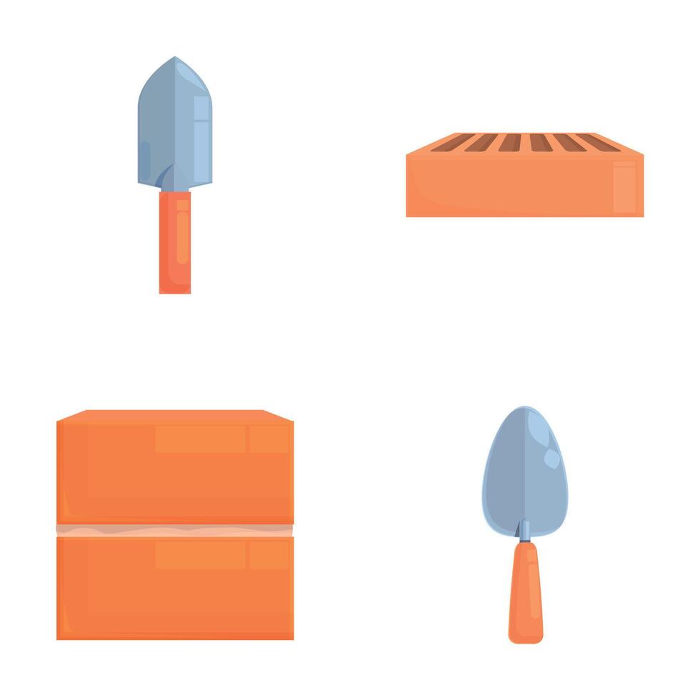 Bricklayer instrument icons set cartoon vector. Various trowel and brick vector