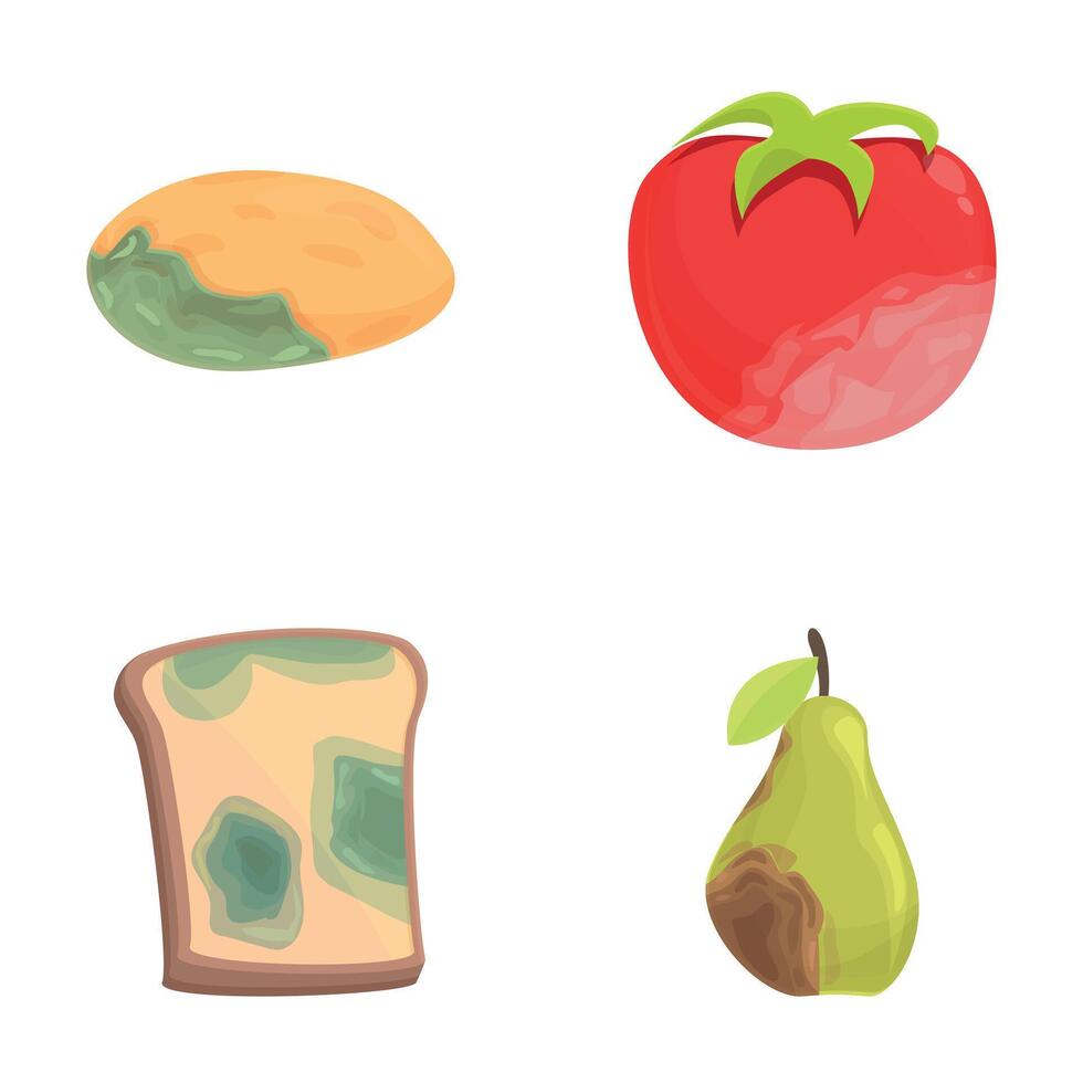 Expired food icons set cartoon vector. Spoiled and damaged product vector