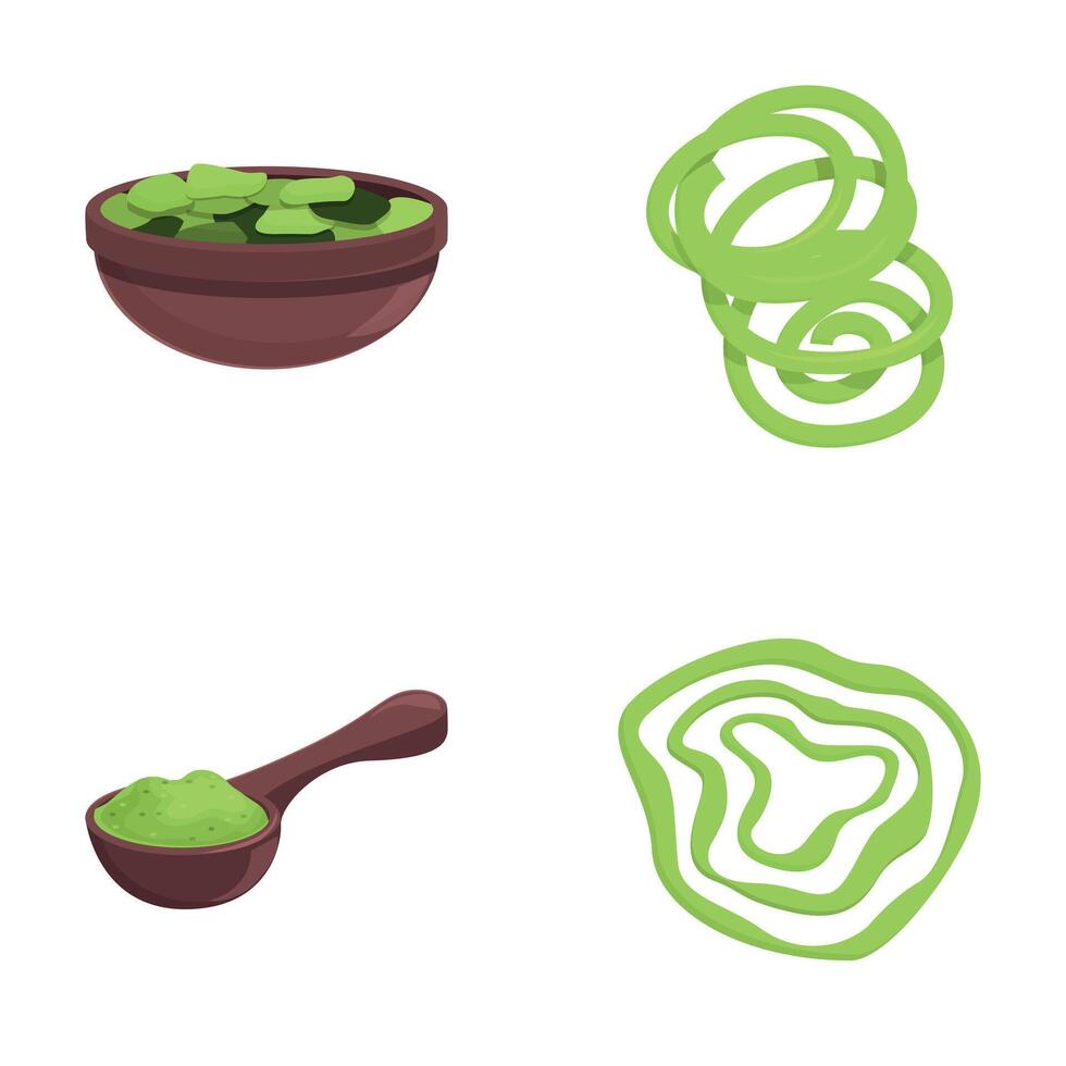 Spirulina algae icons set cartoon vector. Spirulina in form of ring and powder vector