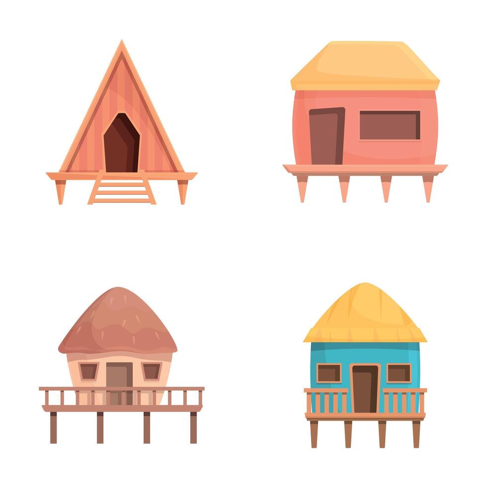 Beach hut icons set cartoon vector. Wooden bungalow or island resort house vector