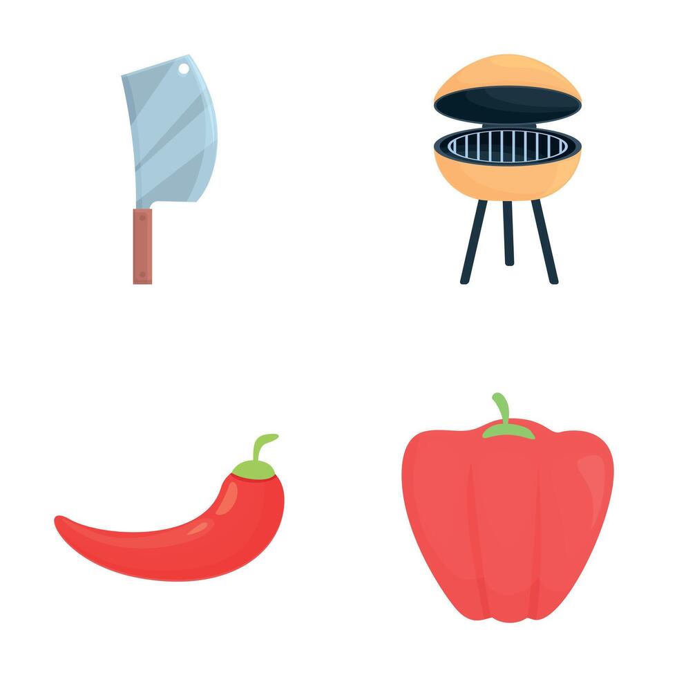 Bbq icons set cartoon vector. Barbecue party food and equipment vector