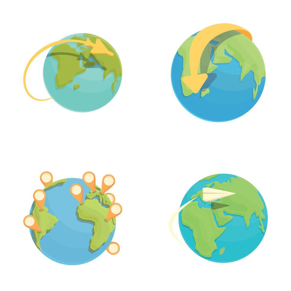 Around world icons set cartoon vector. Plane flies around earth vector