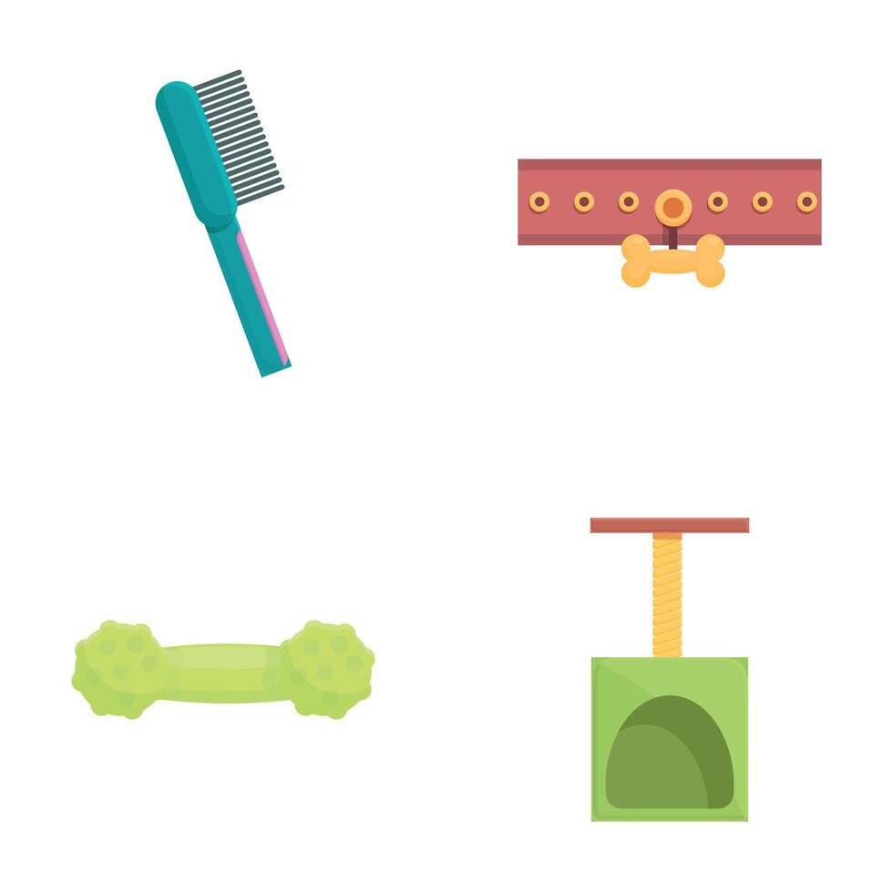 Dog accessory icons set cartoon vector. Domestic animal care equipment vector