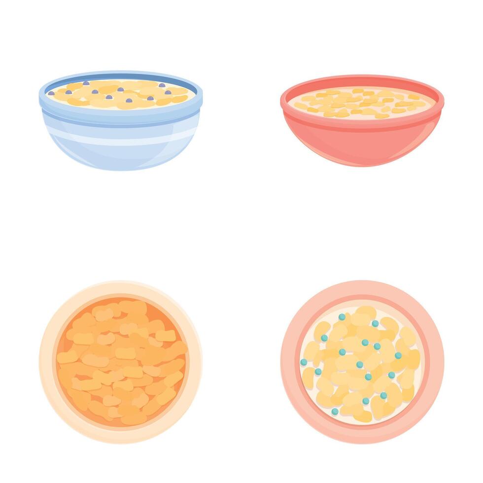 Milk cornflake icons set cartoon vector. Bowl of breakfast cereal and cornflake vector