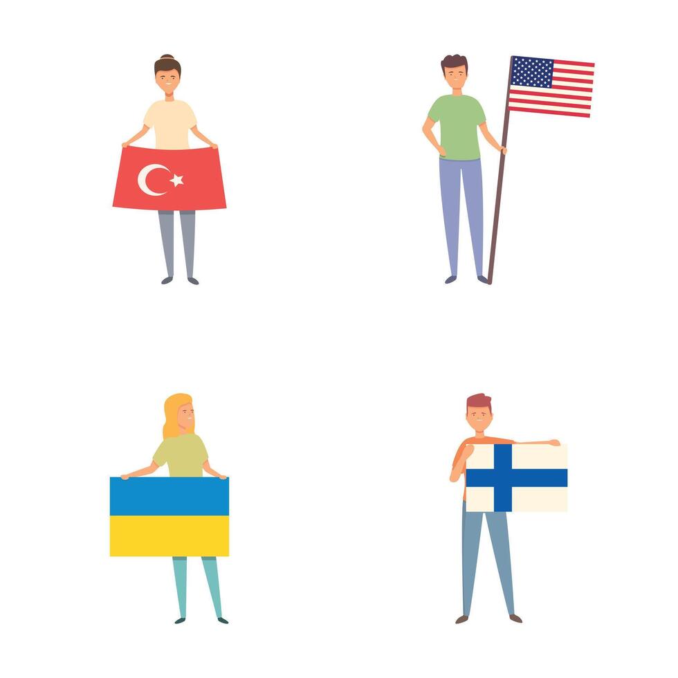Independent flag icons set cartoon vector. People holding national country flag vector