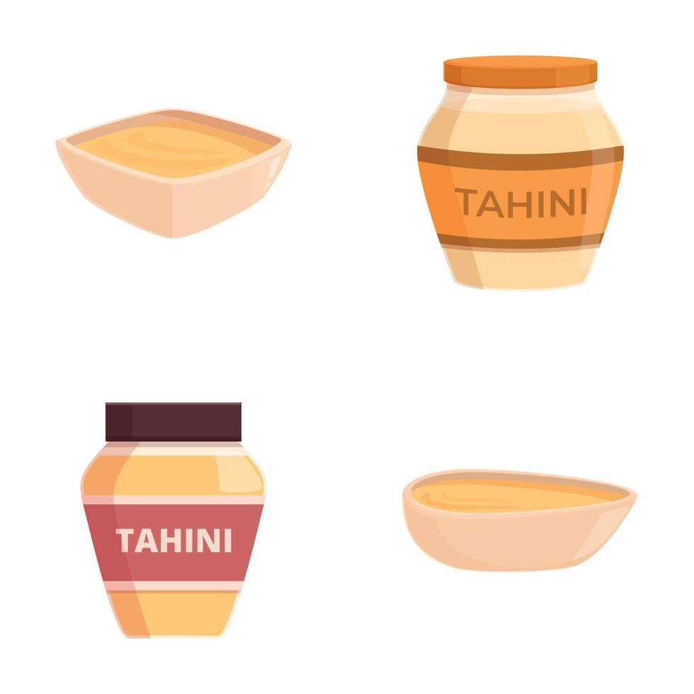 Tahini seasoning icons set cartoon vector. Tahini sesame seed paste vector