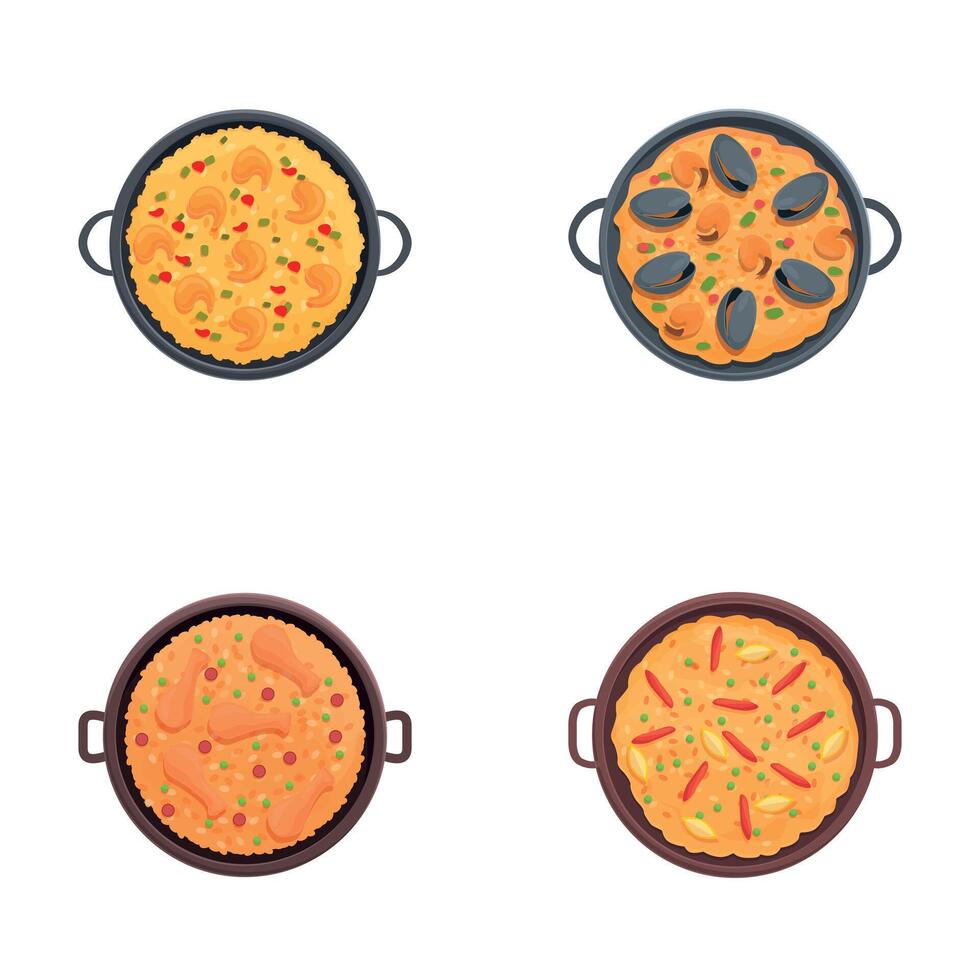 Paella dish icons set cartoon vector. Various paella with seafood vector