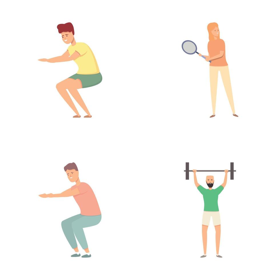 Sport section icons set cartoon vector. People doing physical exercise vector