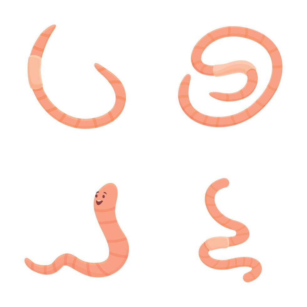 Worm character icons set cartoon vector. Amusing adorable earthworm vector