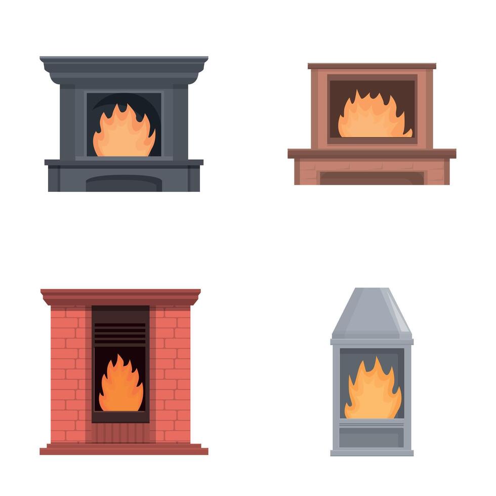 Fireplace icons set cartoon vector. House fireplace with firewood flame vector