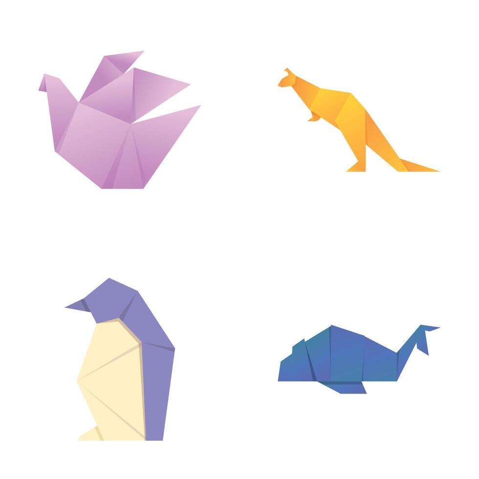 Colorful origami icons set cartoon vector. Japanese origami folded paper figure vector