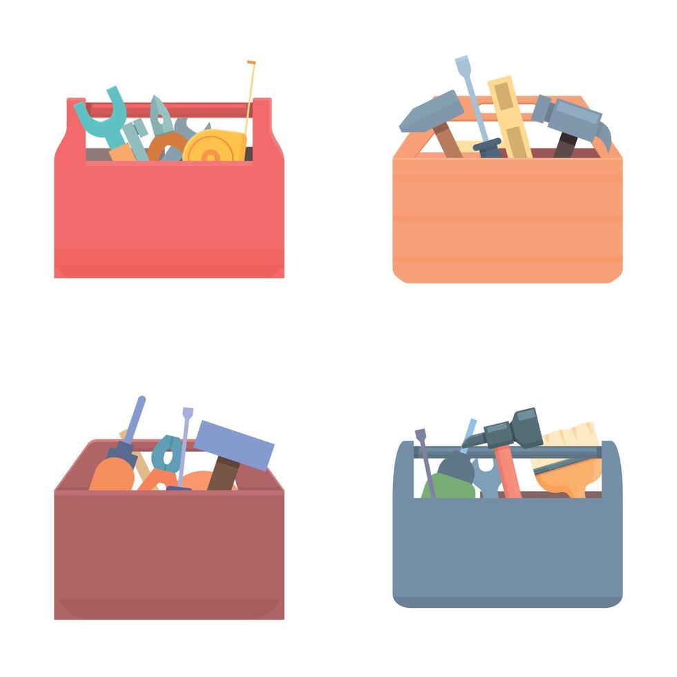Wooden toolbox icons set cartoon vector. Toolbox with hand instrument inside vector
