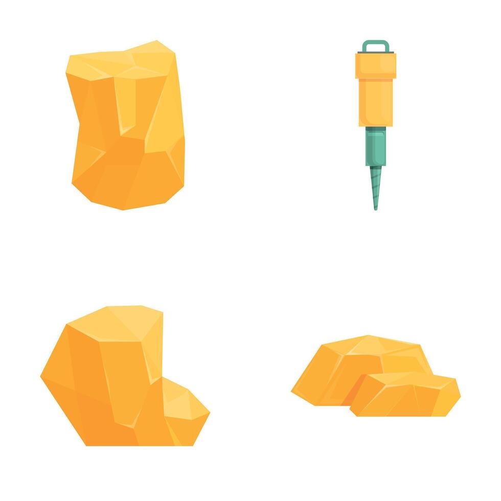 Gold production icons set cartoon vector. Mining equipment and gold nugget vector