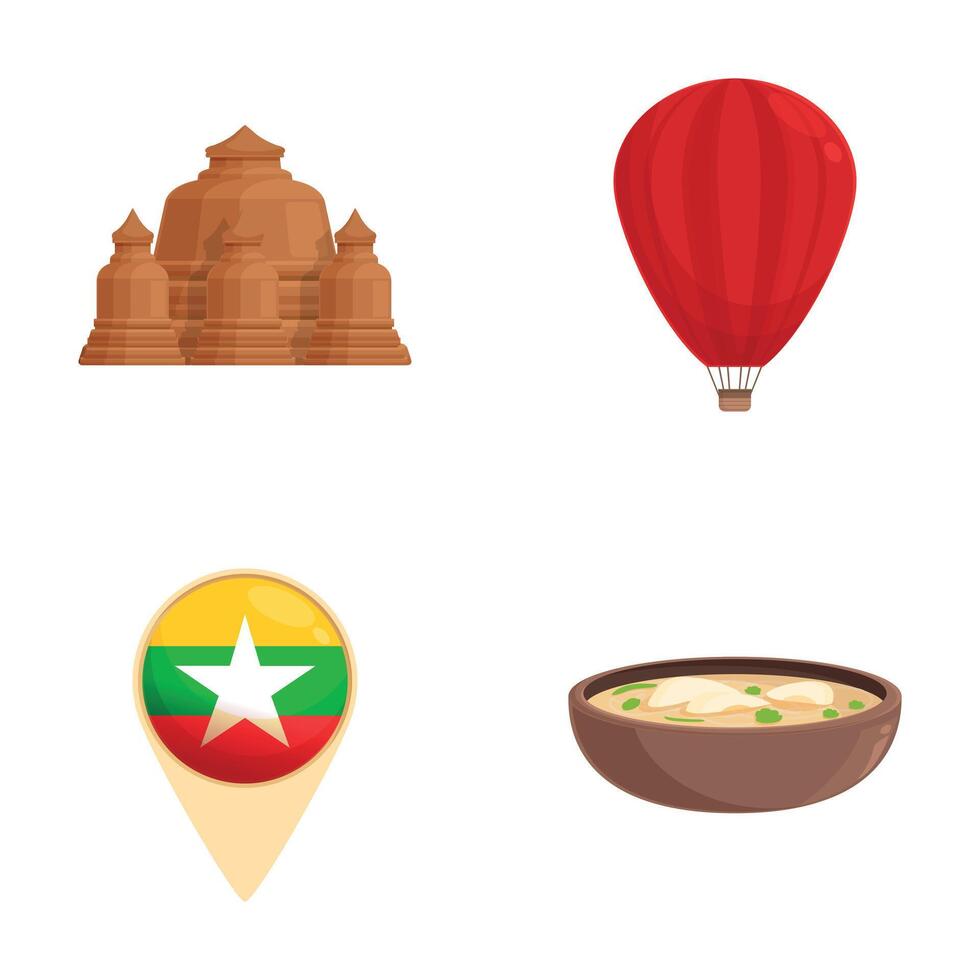 Myanmar travel icons set cartoon vector. Republic of union of myanmar vector