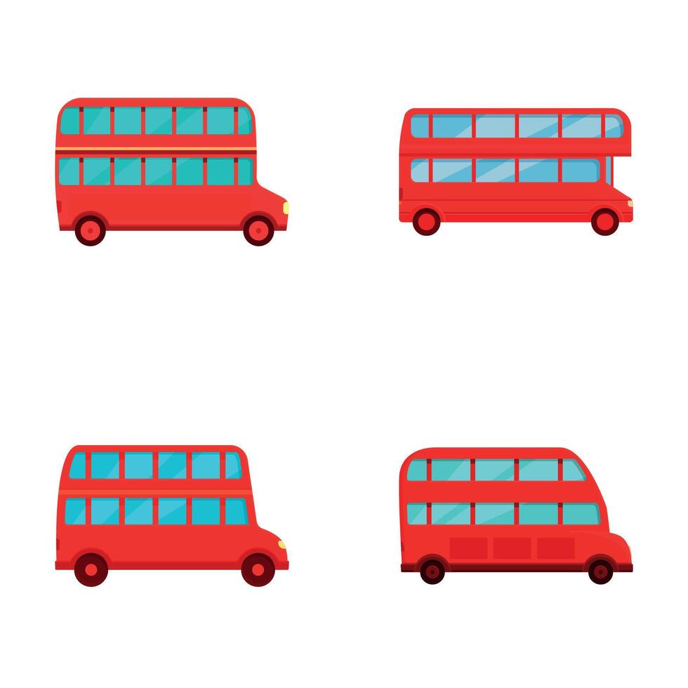 Double decker icons set cartoon vector. British red double decker bus vector