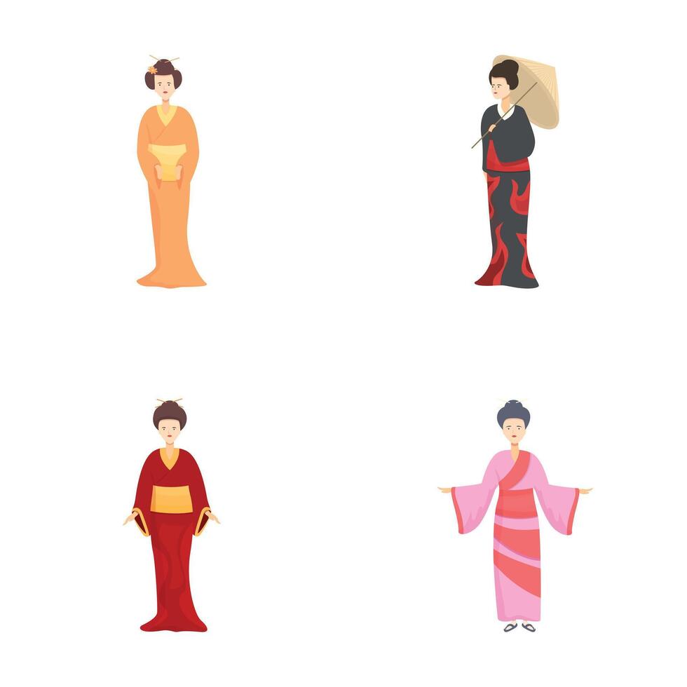 Set of four diverse geisha characters in traditional attire vector