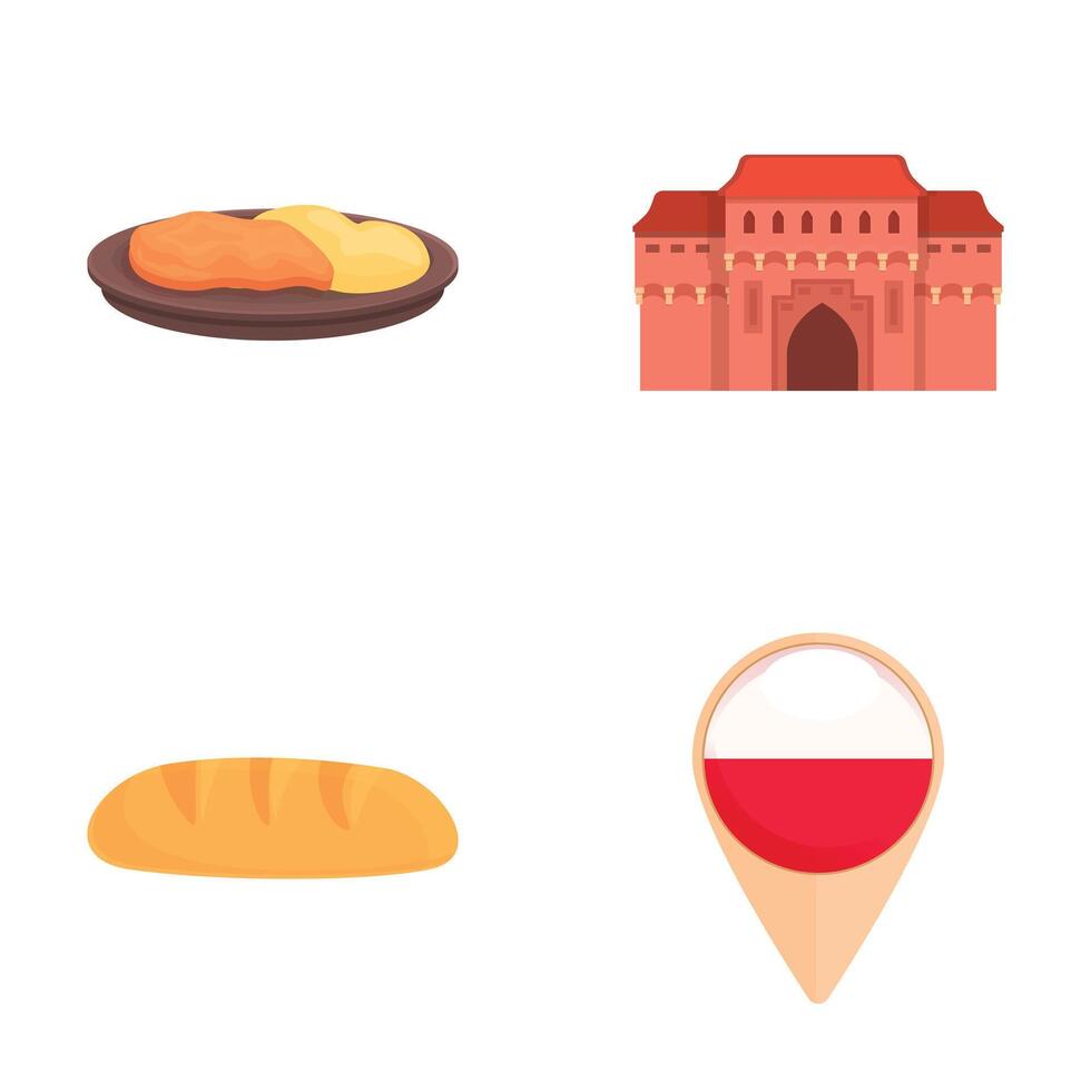 Cultural icons set, food, architecture, and location marker vector