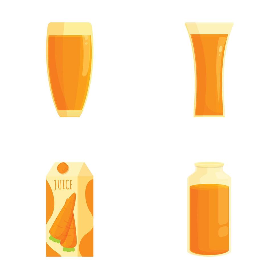 Assorted carrot juice containers and glasses set vector