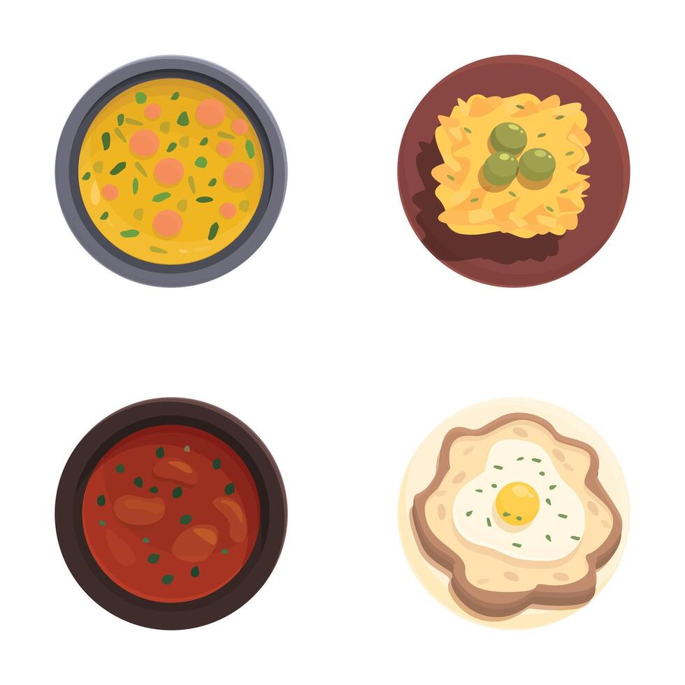 Assortment of breakfast dishes top view vector