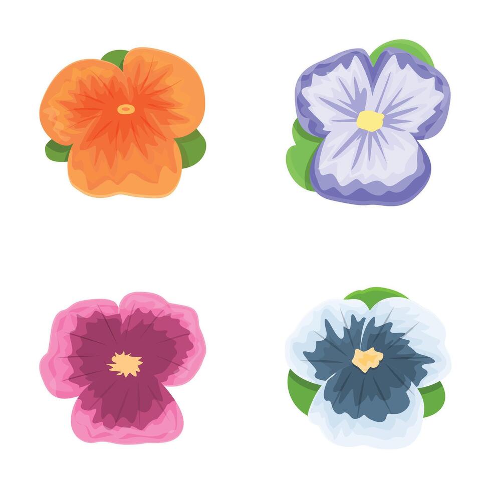 Set of four vibrant vector flowers with detailed petals and leaves