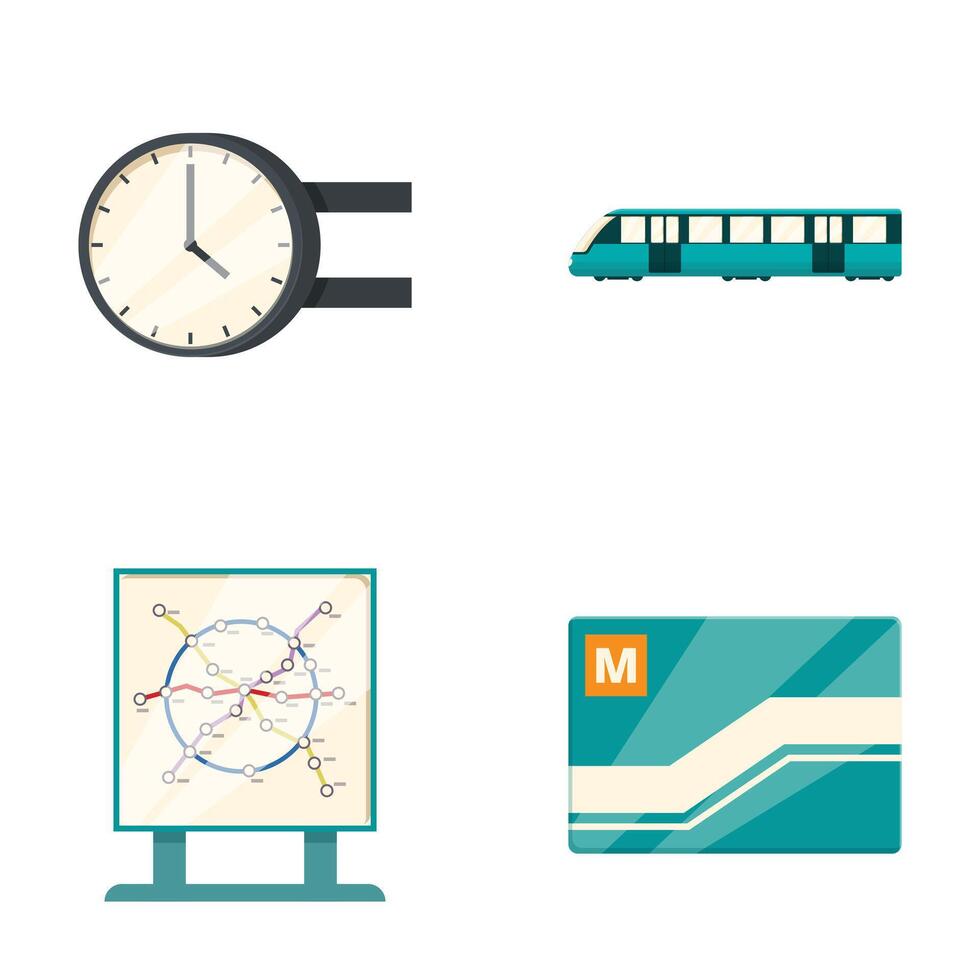 Collection of stylized public transportation icons including clock, train, map, and ticket vector