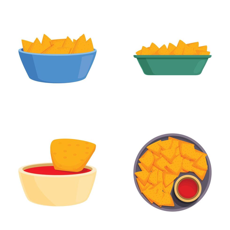 Assorted tortilla chips and dips vector set